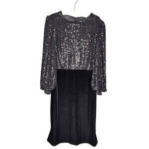 Badgley Mischka Black Sequin Velvet Look Dress Size 16 Long Sleeve Cocktail